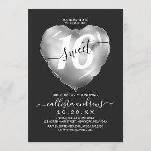 Invitation Chic Black Silver Foil Coeur Balloon Sweet 16