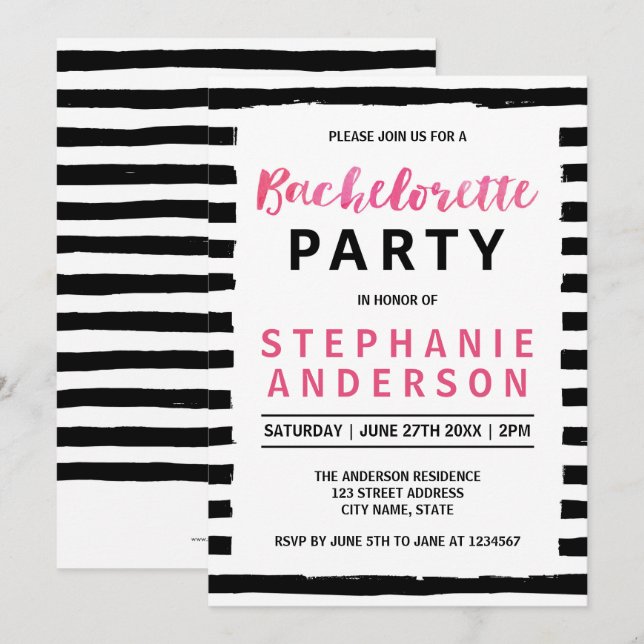 Invitation Chic Black & White Bachelorette Party (Devant / Derrière)