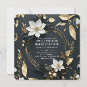Invitation Chic Black White Gold Floral Wreath Mariage Photo