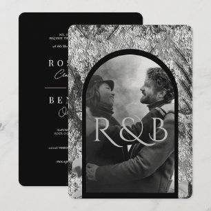 Invitation Chic Black White Mountains Arched Photo Mariage