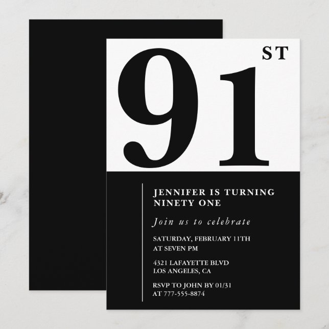 Invitation Chic Black White pour son 91e anniversaire (Devant / Derrière)