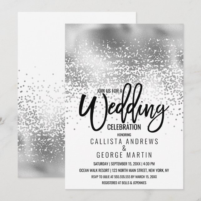 Invitation Chic blanc à huile d'argent Confetti Ombre Mariage (Devant / Derrière)
