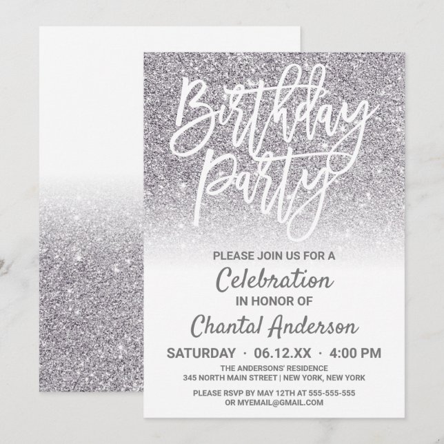 Invitation Chic blanc argent Faux Parties scintillant Ombre A (Devant / Derrière)