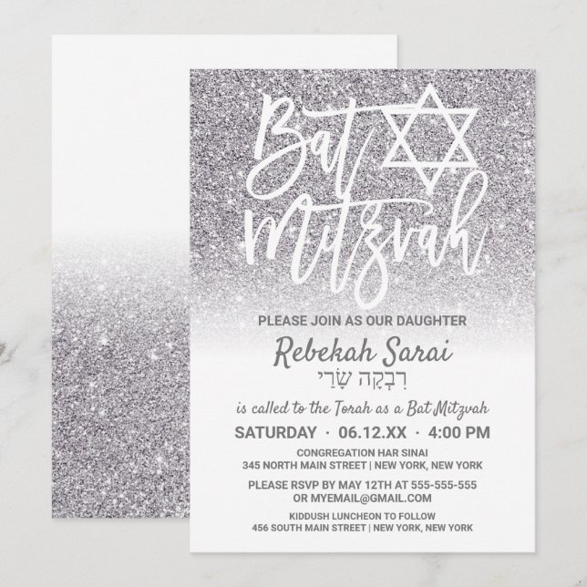 Invitation Chic blanc argent Faux Parties scintillant Ombre B (Devant / Derrière)