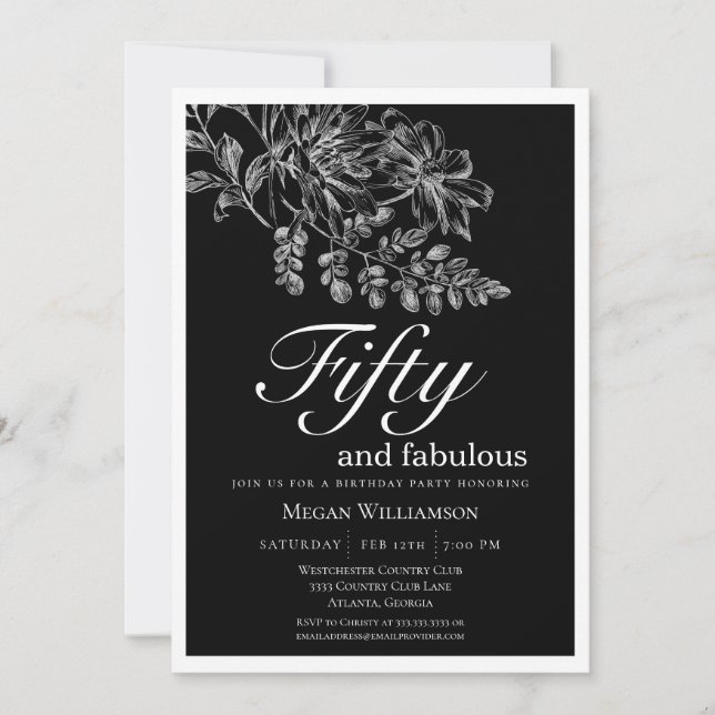 Invitation Chic blanc floral cinquante et fabuleux anniversai (Devant)