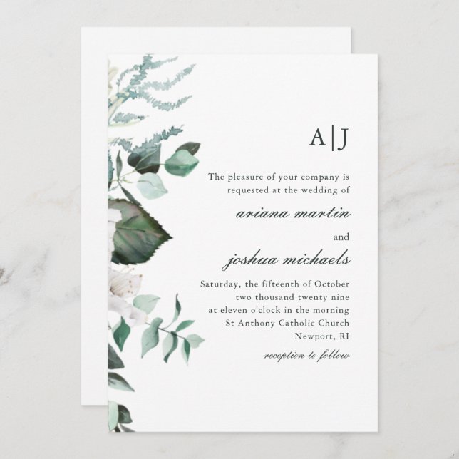 Invitation Chic blanc Floral et Mariage de Monogramme vert (Devant / Derrière)