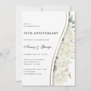 Invitation Chic Blanc Floral Foliage 50e anniversaire Mariage