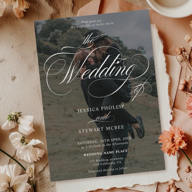 Invitation Chic blanc noir 2 photos calligraphie mariage (Chic white black 2 photos calligraphy wedding invitation)