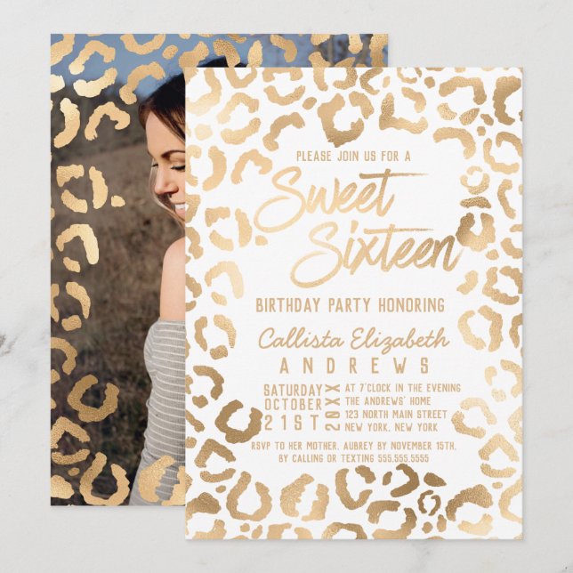 Invitation Chic Blanc Or Cheetah Leopard Sweet 16 Photo (Devant / Derrière)