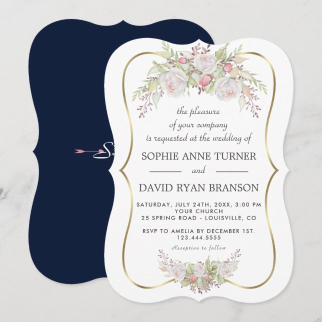 Invitation Chic blanc rose Roses Marine Mariage bleu or (Devant / Derrière)