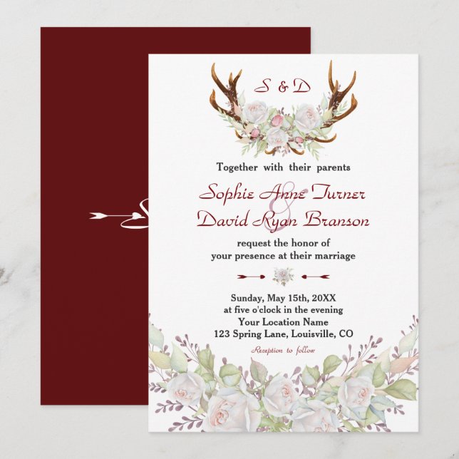 Invitation Chic blanc Roses Bourgogne Antlers Mariage (Devant / Derrière)