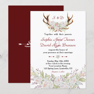 Invitation Chic blanc Roses Bourgogne Antlers Mariage