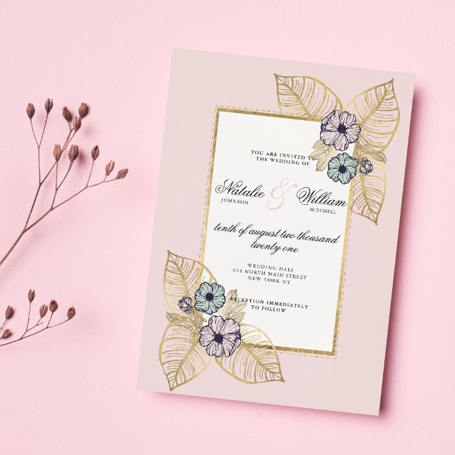 Invitation Chic blanc tropical or rose menthe mariage (Chic white tropical gold pink mint floral wedding)