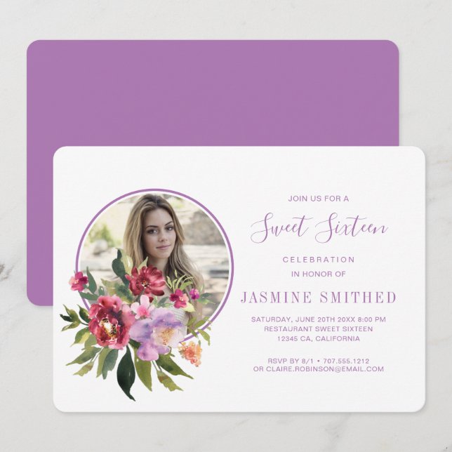 Invitation Chic Blanc Violet Floral à thème photo Sweet 16 (Devant / Derrière)