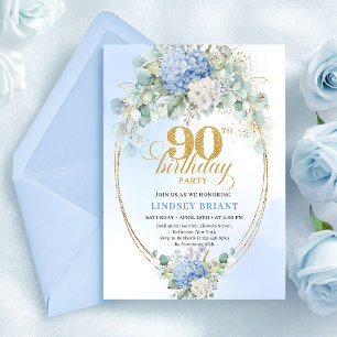 Invitation chic bleu clair florale or pour 90e ann