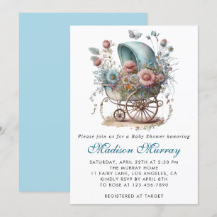 Invitation Chic bleu et rose floral Buggy poussette Baby Show