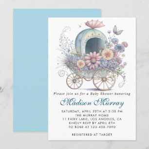 Invitation Chic bleu et rose floral chariot de bébé douche bé
