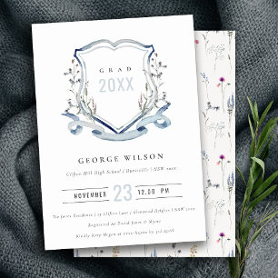 Invitation Chic Bleu Fleur sauvage Aquarelle Crest Graduation