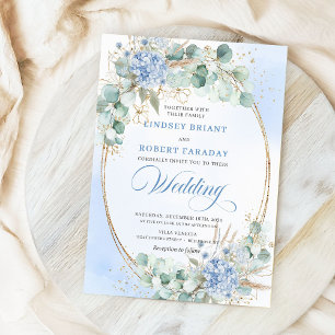 Invitation Chic Bleu Floral Eucalyptus Or Oval Mariage