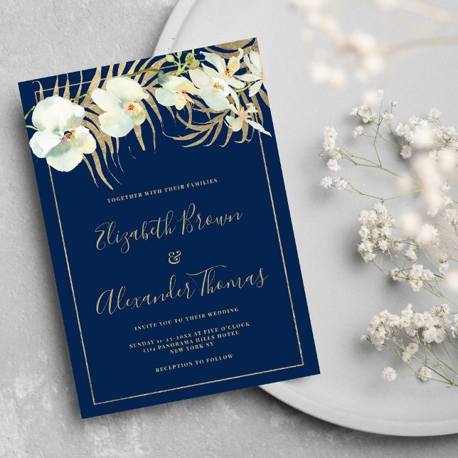 Invitation Chic bleu marine or élégant orchidée mariage flora (Chic navy blue gold elegant orchid floral wedding)