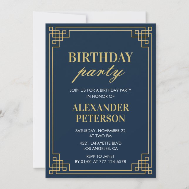 Invitation chic bleu marine or pour une fête d'ann (Devant)