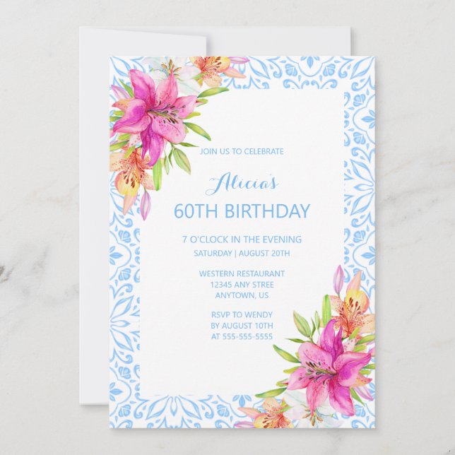 Invitation Chic bleu portugais Azulejo Mosaic Lily Anniversai (Devant)