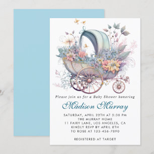 Invitation Chic Bleu & Rose Floral Chariot De Poussette Bébé 