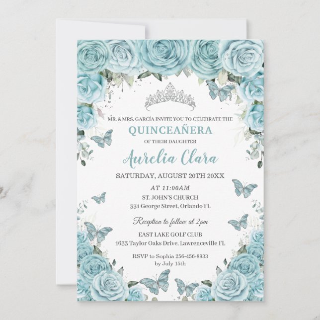 Invitation Chic bleu turquoise papillons floraux Quinceañera (Devant)