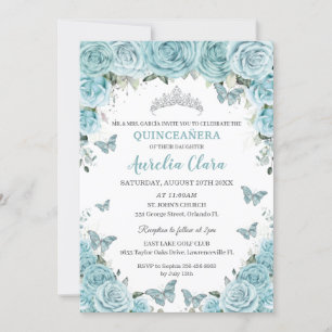 Invitation Chic bleu turquoise papillons floraux Quinceañera