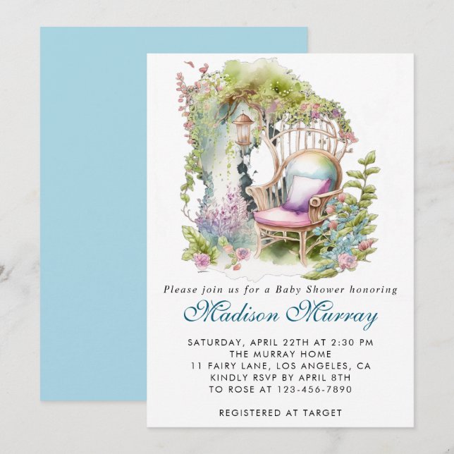 Invitation Chic Bleu & Vert Jardin Floral Chaise Baby shower (Devant / Derrière)