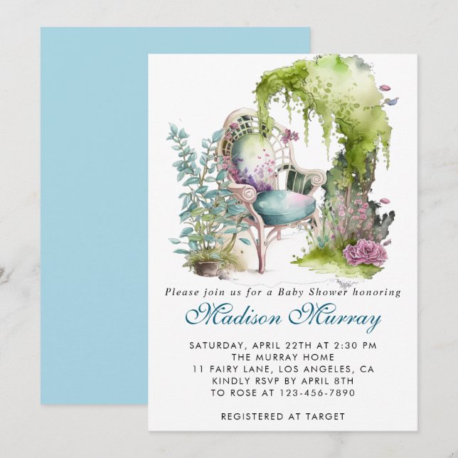 Invitation Chic Bleu & Vert Jardin Floral Chaise Baby shower (Devant / Derrière)