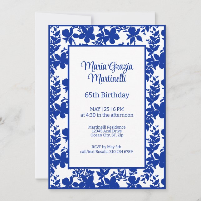 Invitation Chic Blue Azure Floral 65e anniversaire (Devant)