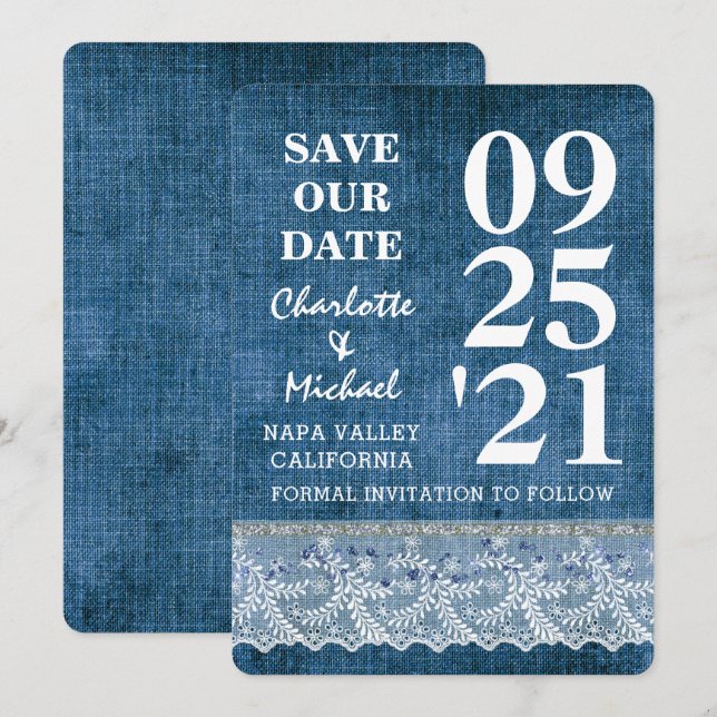 Invitation Chic Blue Denim Lace Moderne Enregistrer La Date (Devant / Derrière)