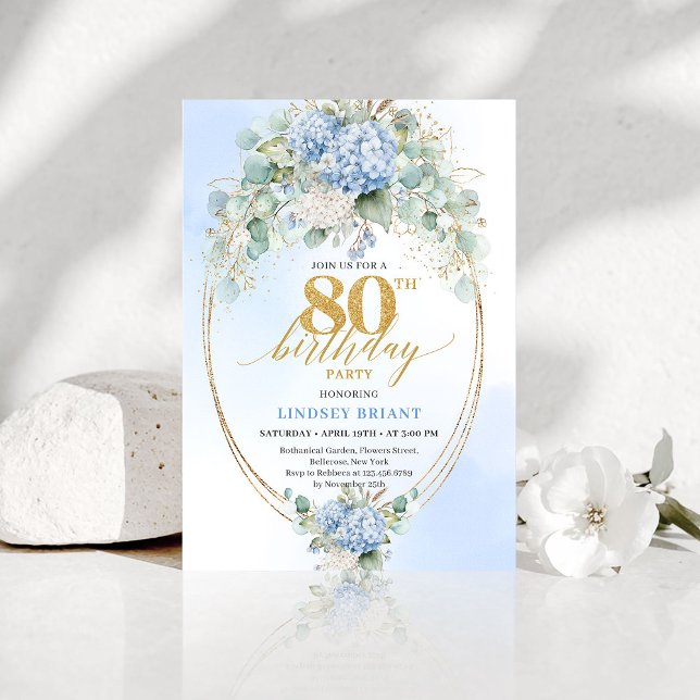 Invitation Chic Blue Floral Eucalyptus 80th Birthday Invite (Chic Blue Floral Eucalyptus 80th Birthday Invitation)