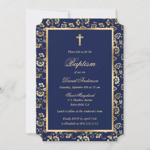 Invitation Chic Blue Gold Cross Script Floral Baptême