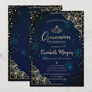 Invitation Chic Blue Gold Tiara, Diamonds Quinceañera