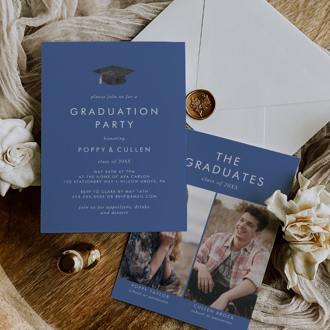 Invitation Chic Blue Grad Casquette Photo Double Graduation P (Créateur téléchargé)