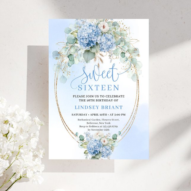 Invitation Chic Blue Hydrangea Eucalyptus Gold 16th Birthday (Chic Blue Hydrangea Eucalyptus Gold 16th Birthday Invitation)