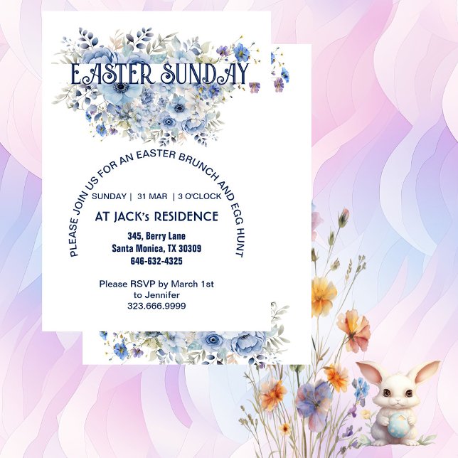 Invitation Chic Blue Pastel Floral Blooms Pâques Dimanche fêt (Chic Blue Pastel Floral Blooms Easter Sunday Party Invitation)