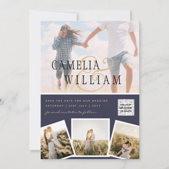 Invitation Chic Blue Photo Wedding Inviter QR Code Enregistre (Devant)