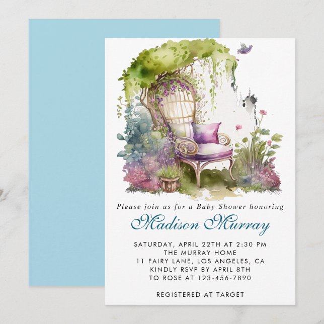 Invitation Chic Blue & Purple Floral Garden Chaise Baby showe (Devant / Derrière)