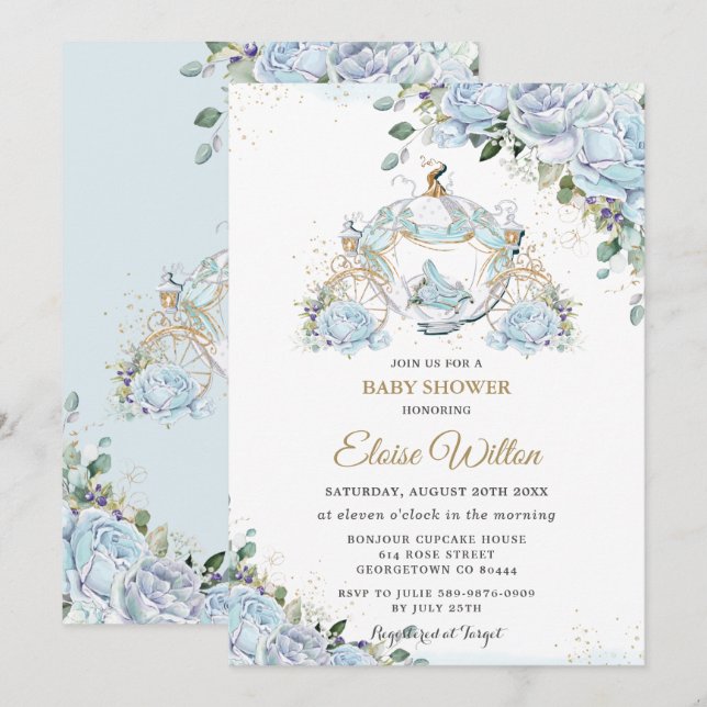 Invitation Chic Blue Roses Princess Carriage Baby shower (Devant / Derrière)