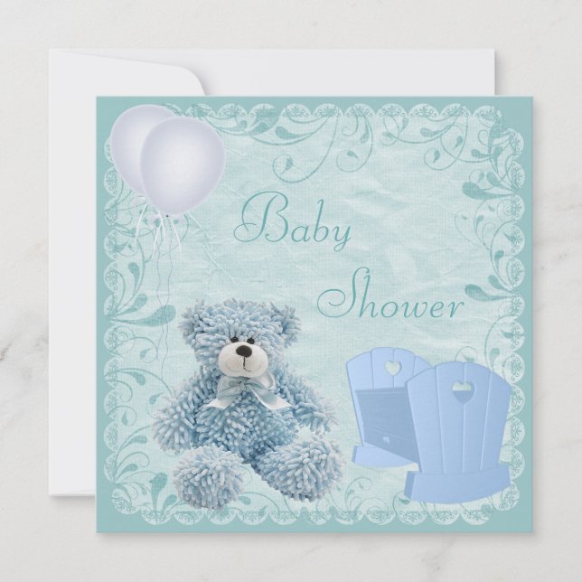 Invitation Chic Blue Teddy & Crib Baby Boy Show (Devant)