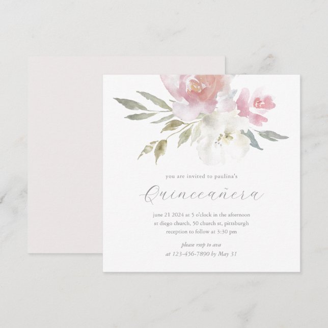 Invitation Chic Blush Aquarelle Florale Quinceanera Photo (Devant / Derrière)