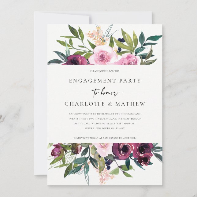 INVITATION CHIC BLUSH BURGUNDY FLORAL BUNCH ENGAGEMENT PARTY (Devant)