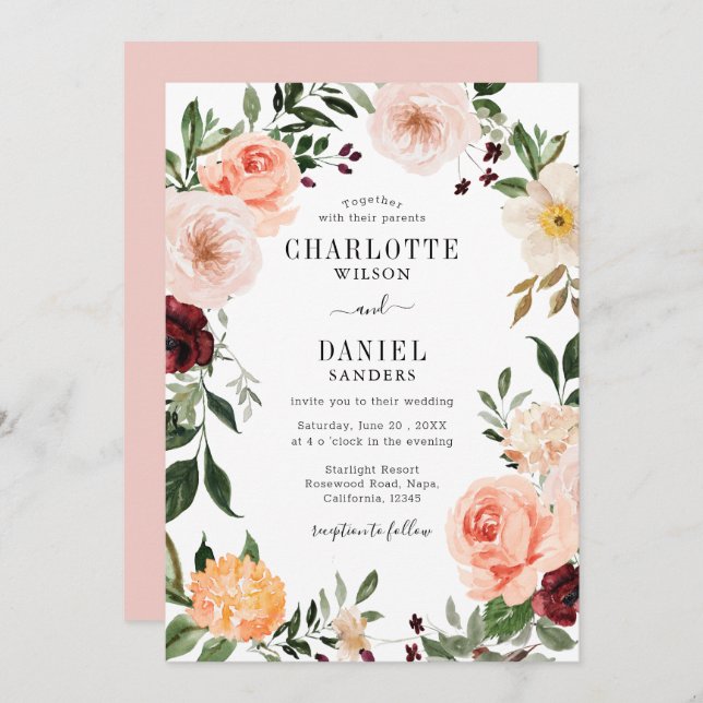 Invitation Chic Blush & Burgundy Floral Frame Mariage (Devant / Derrière)