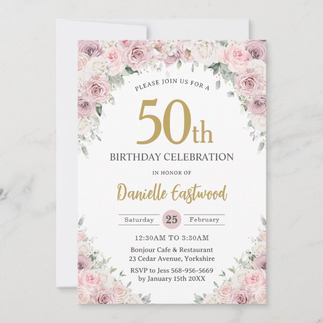 Invitation Chic Blush Dusty Rose Floral 50e 60e anniversaire (Devant)