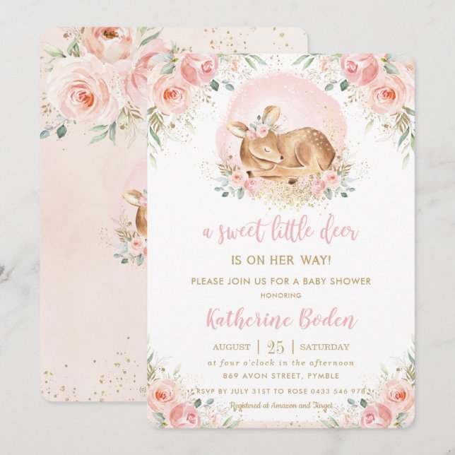Invitation Chic Blush Floral Baby Deer Girl Baby shower (Devant / Derrière)
