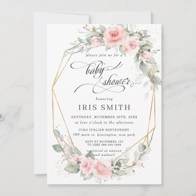 Invitation Chic Blush Floral Baby shower géométrique (Devant)