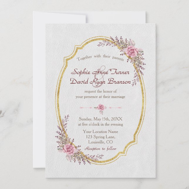 Invitation Chic Blush Floral Gold Frame Blanc Mariage Invite (Devant)